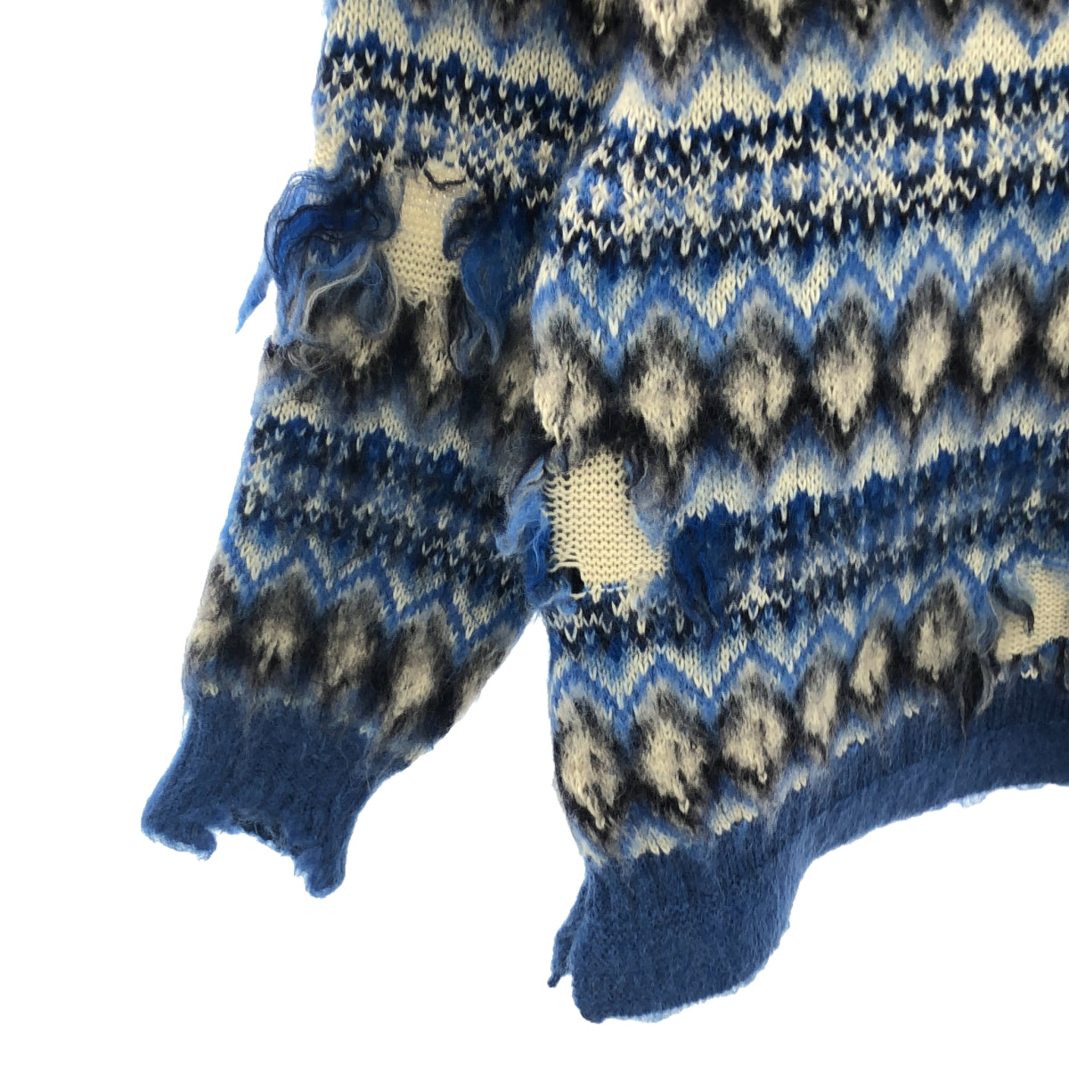 【미품】 Maison Margiela / 메종 마르제라 | 2022SS | INTARSIA SWEATER 데미지 가공 니트 | XS | 블루/블랙/아이보리 | 여성