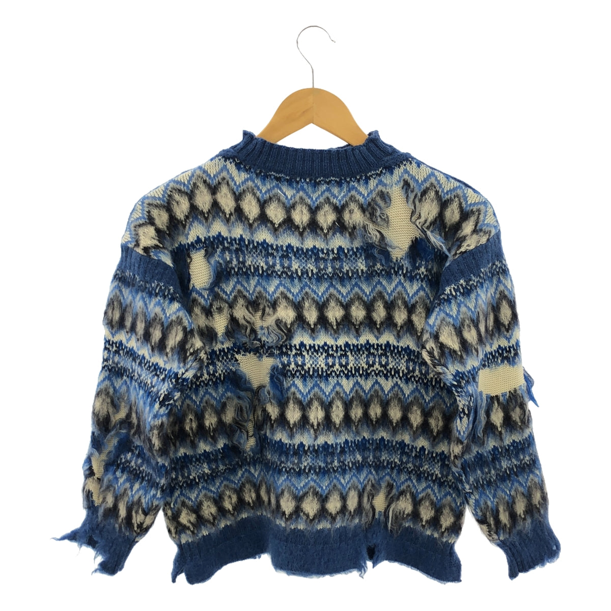 【미품】 Maison Margiela / 메종 마르제라 | 2022SS | INTARSIA SWEATER 데미지 가공 니트 | XS | 블루/블랙/아이보리 | 여성
