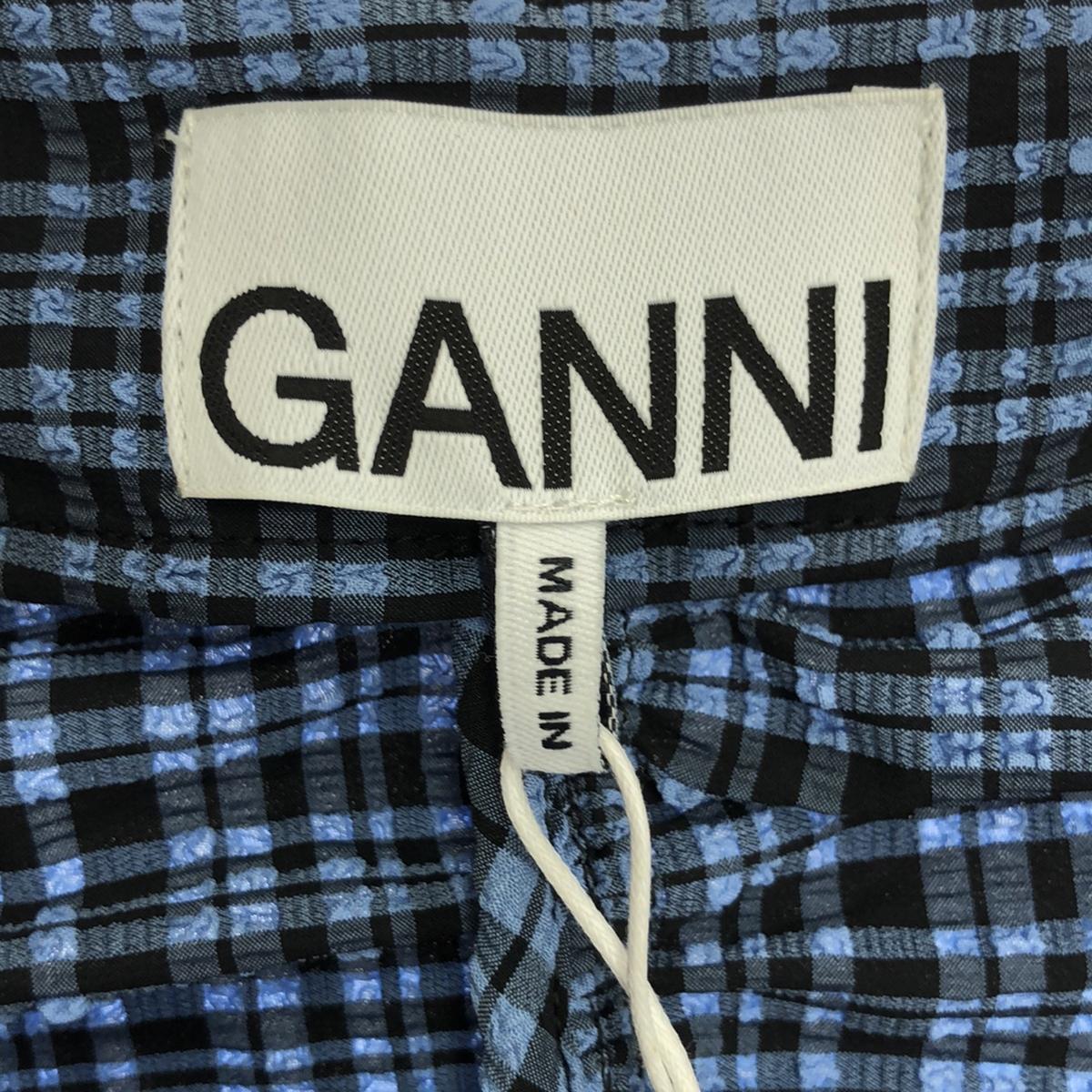 【美品】 Ganni / ガニー | チェック シアサッカー ギャザー スクエアネック ティアード ワンピース | 36 | ブルー | レディース