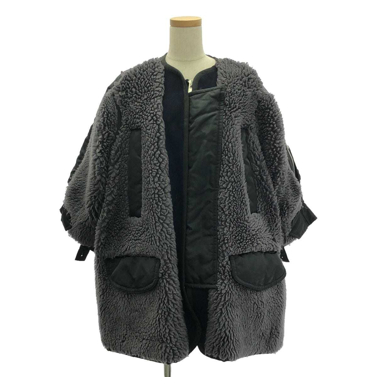 sacai / サカイ | 2022AW | Faux Shearling x Nylon Twill Coat / 異素材 切替 ボア ナイロン オーバーコート | 1 | グレー | レディース