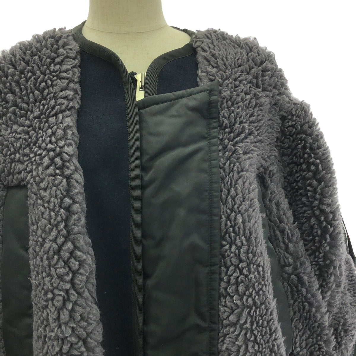 sacai / サカイ | 2022AW | Faux Shearling x Nylon Twill Coat / 異素材 切替 ボア ナイロン オーバーコート | 1 | グレー | レディース