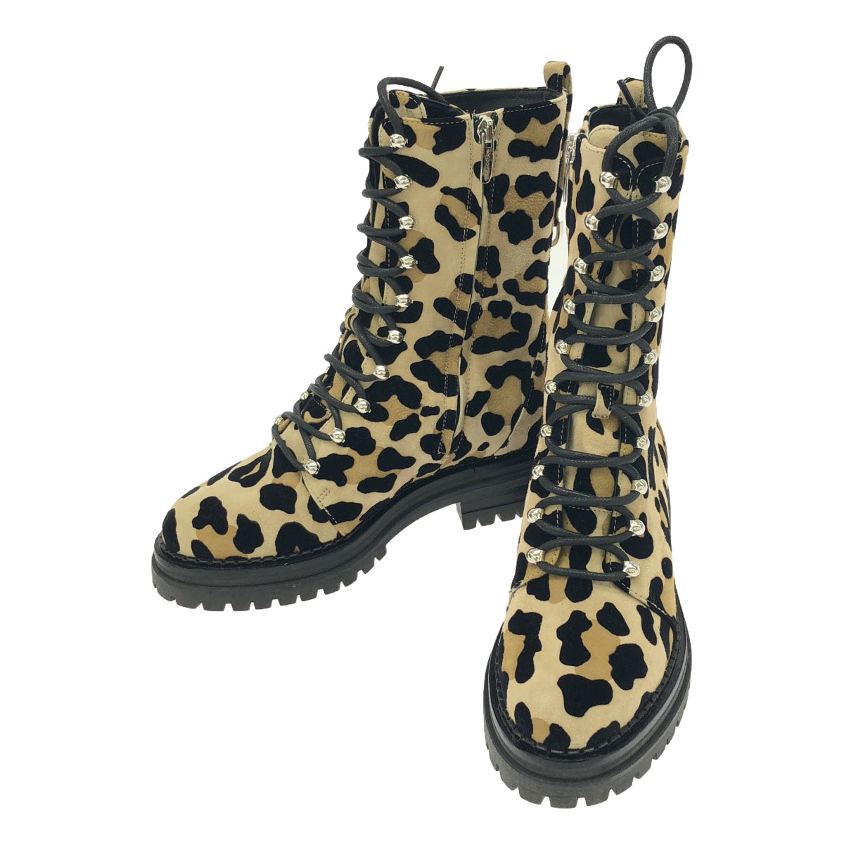 【美品】 sergio rossi / セルジオロッシ | SR JOAN / スエード レザー レオパード サイドジップ レースアップ ブーツ | 36 | ベージュ系 | レディース