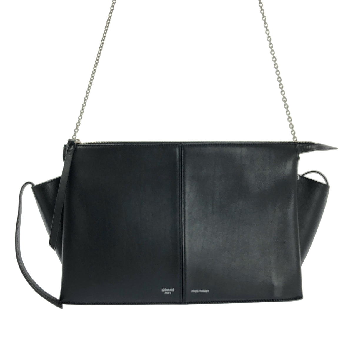 【美品】  CELINE / セリーヌ | CHAIN TRI-FOLD / トリフォルド 2way チェーンショルダー 付き レザー ロゴクラッチ バッグ | ブラック | レディース