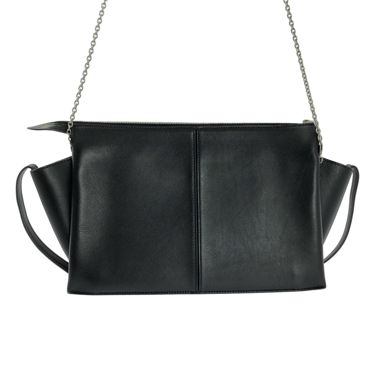 【美品】  CELINE / セリーヌ | CHAIN TRI-FOLD / トリフォルド 2way チェーンショルダー 付き レザー ロゴクラッチ バッグ | ブラック | レディース