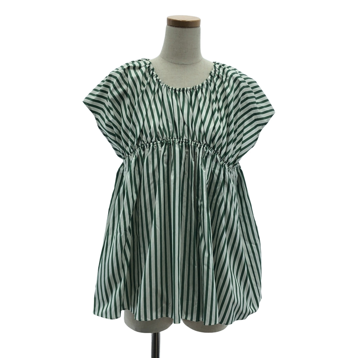 Drawer | Silk cotton green striped gathered blouse | 36