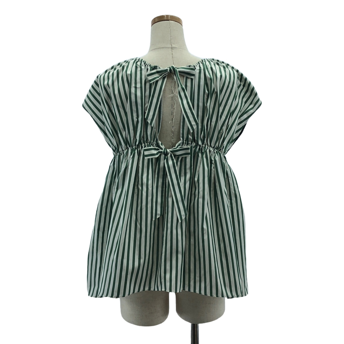Drawer | Silk cotton green striped gathered blouse | 36 | Women's