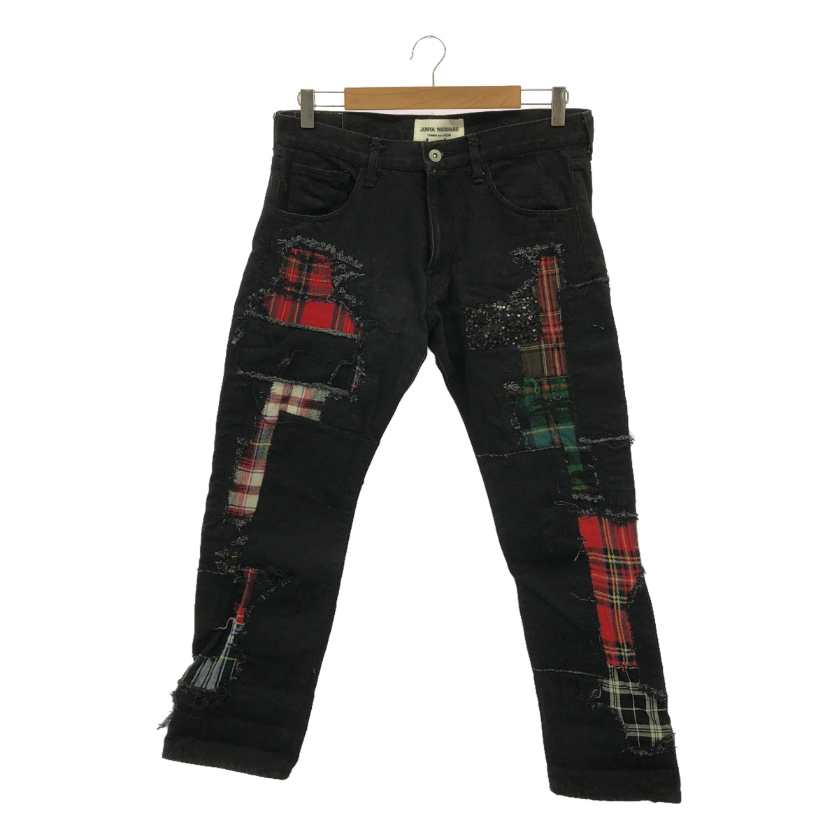 JUNYA WATANABE COMME des GARCONS / ジュンヤワタナベ | 2014AW | チェック柄 スパンコール パッチワーク デニムパンツ | M | ブラック | レディース