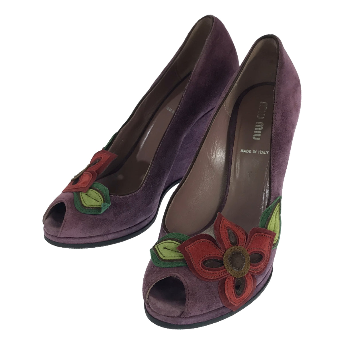 【美品】 miu miu / ミュウミュウ | スエードレザー フラワーモチーフ オープントゥ ウェッジソールパンプス | 37 1/2 | パープル | レディース