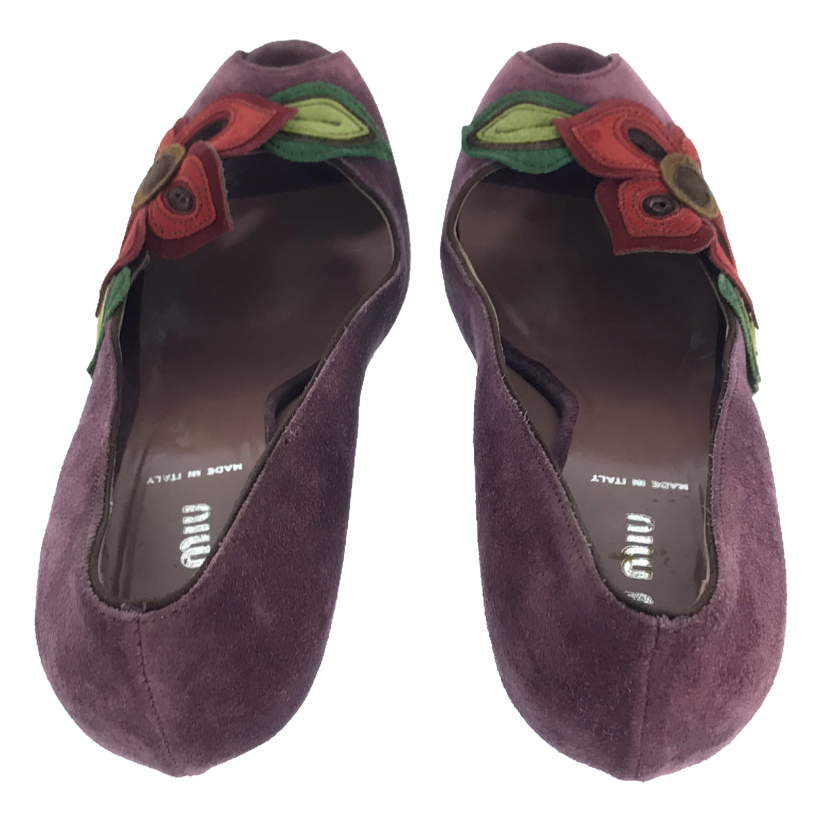 【美品】 miu miu / ミュウミュウ | スエードレザー フラワーモチーフ オープントゥ ウェッジソールパンプス | 37 1/2 | パープル | レディース