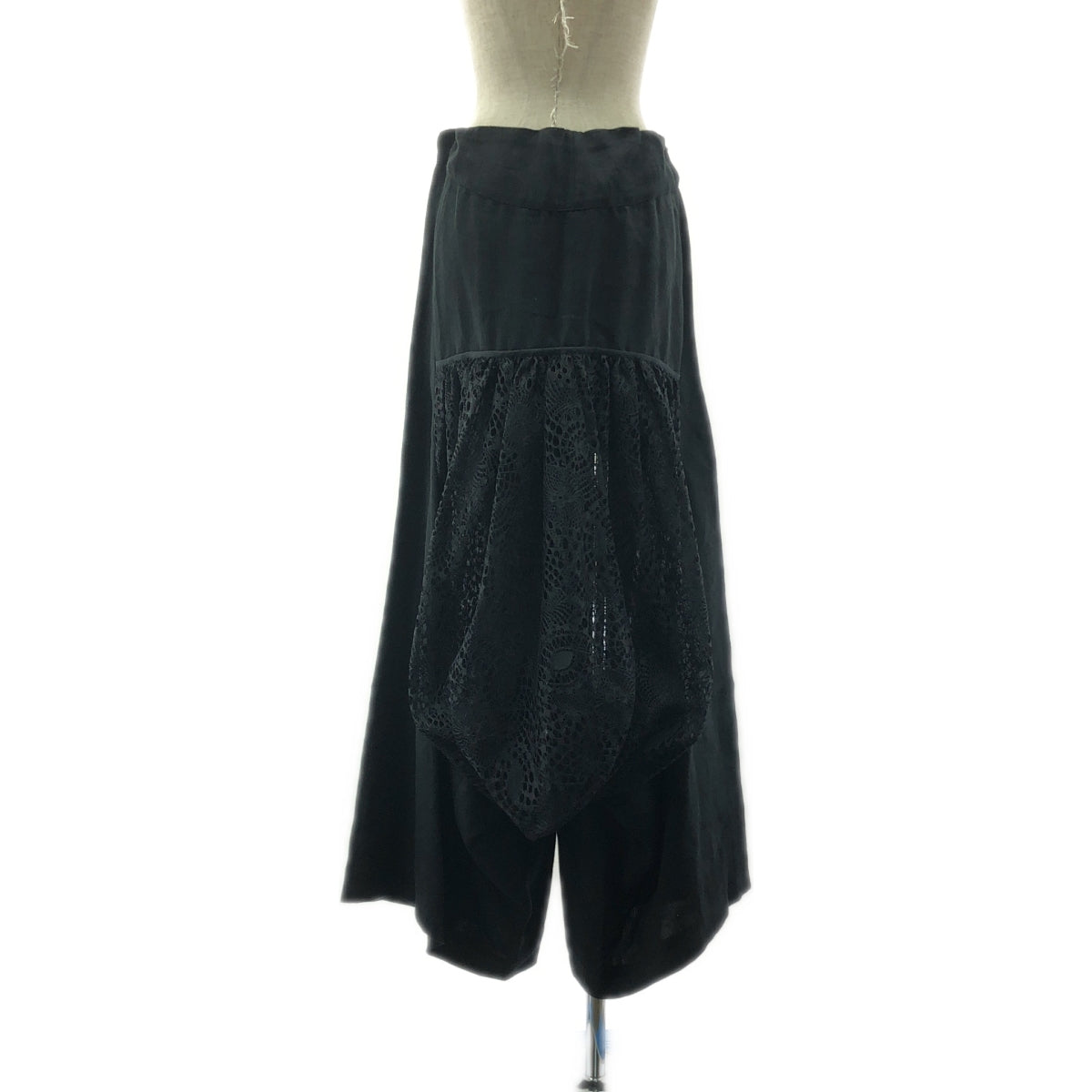 Yohji Yamamoto FEMME / ヨウジヤマモトファム | バックギャザーレース ドッキング ドローストリング ワイドパンツ | 2 | ブラック | レディース