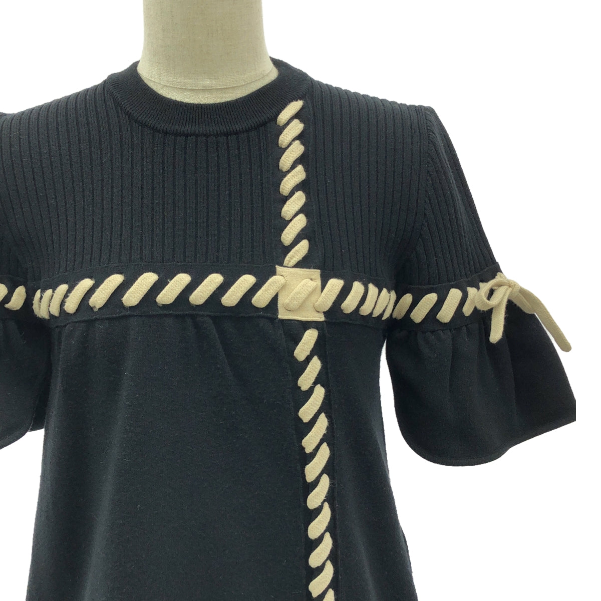 FENDI / フェンディ | レースアップデザイン ニット ワンピース | 38 | ブラック / ベージュ | レディース