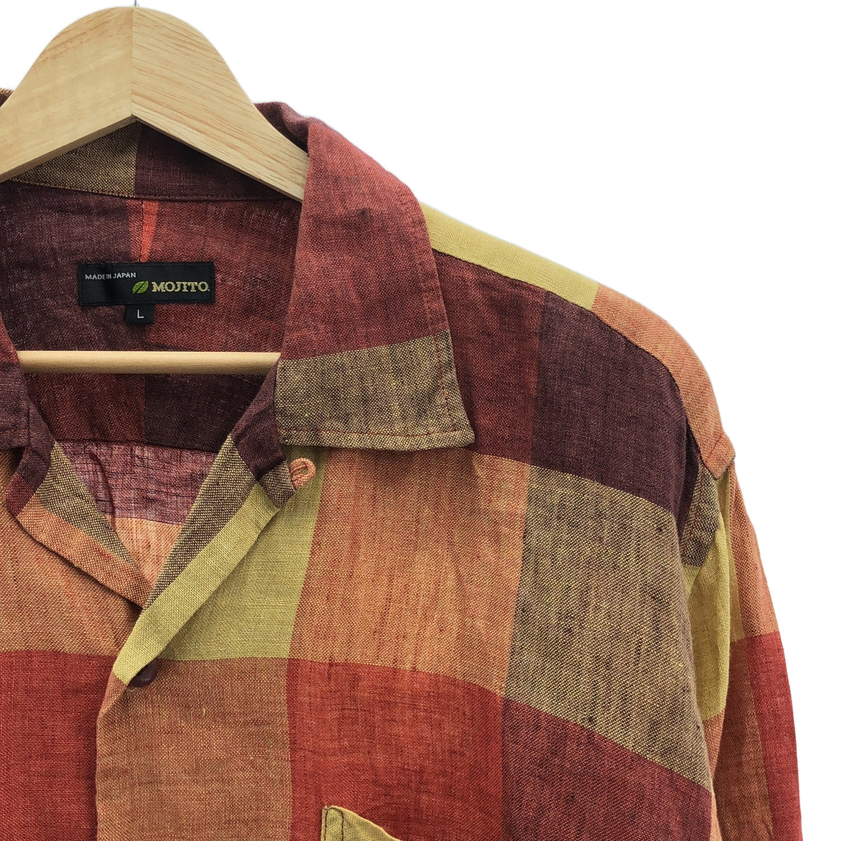 MOJITO | Linen Check Open Collar Shirt | L | Men's
