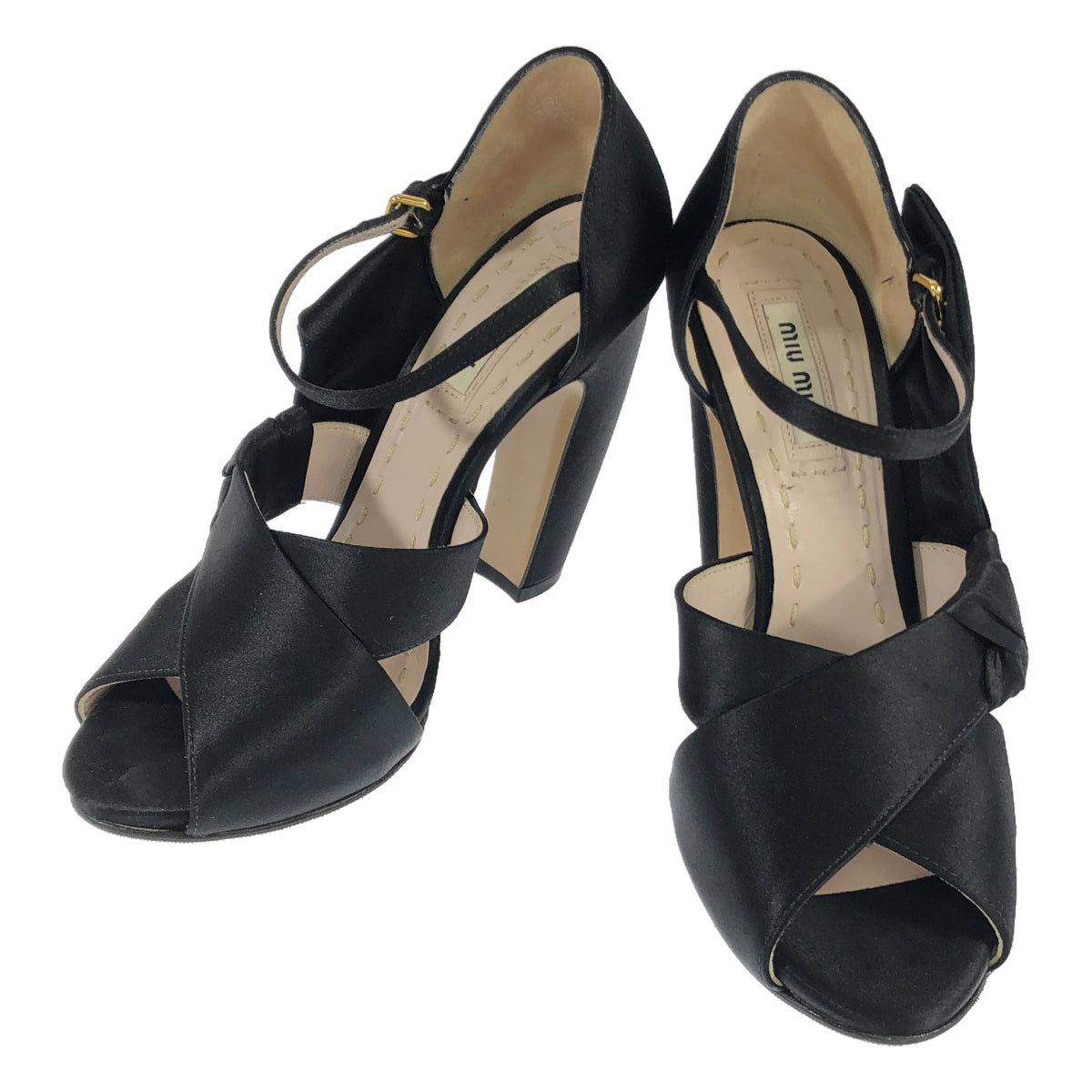 【美品】 miu miu / ミュウミュウ | サテン オープントゥ アンクルストラップ ヒールパンプス | 36 1/2 | ブラック | レディース