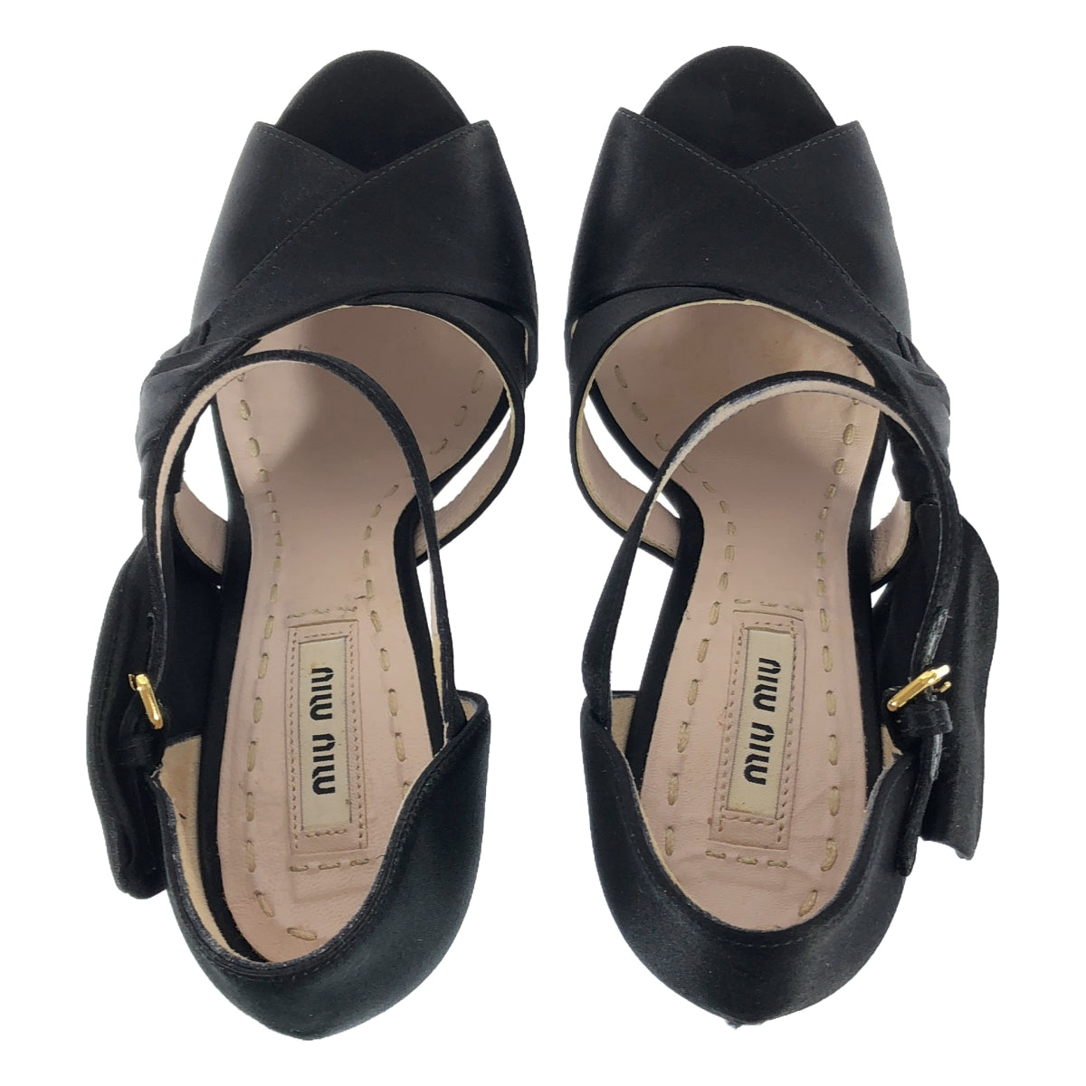 【美品】 miu miu / ミュウミュウ | サテン オープントゥ アンクルストラップ ヒールパンプス | 36 1/2 | ブラック | レディース