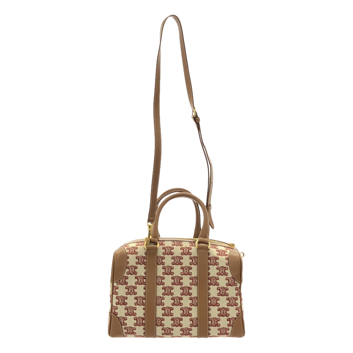 【美品】  CELINE / セリーヌ | トリオンフ カーフレザー キャンバス スモール 2Way ショルダー ボストンバッグ | ブラウン / レッド | レディース