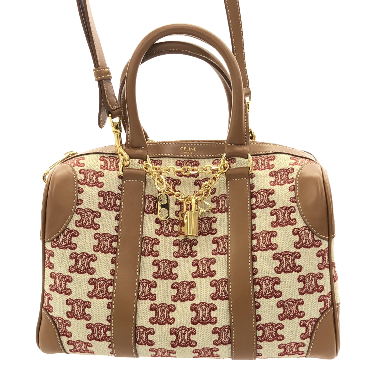【美品】  CELINE / セリーヌ | トリオンフ カーフレザー キャンバス スモール 2Way ショルダー ボストンバッグ | ブラウン / レッド | レディース