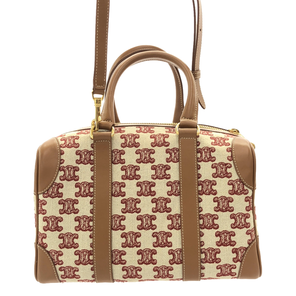 【美品】  CELINE / セリーヌ | トリオンフ カーフレザー キャンバス スモール 2Way ショルダー ボストンバッグ | ブラウン / レッド | レディース