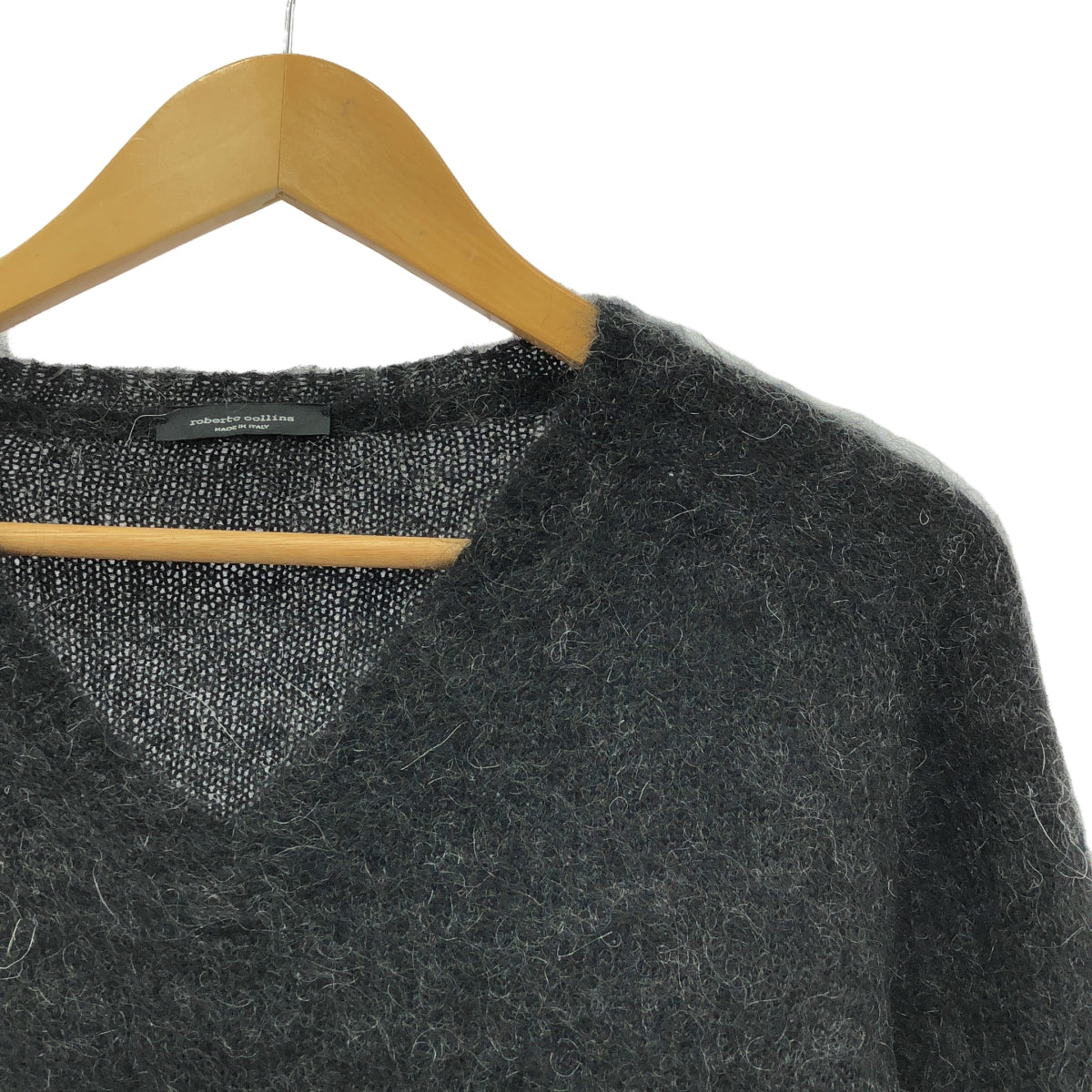 ROBERTO COLLINA | Wool blend mohair ribbed V-neck knit sweater | Grey | Men's