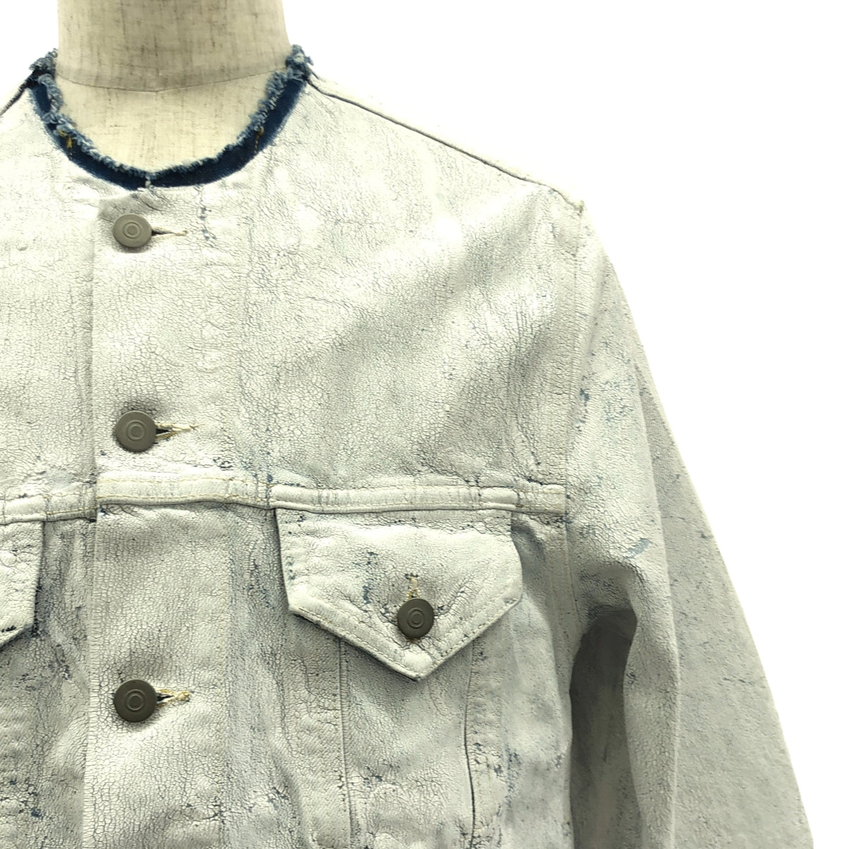 Maison Margiela | 2021AW | Paint-coated cut-off collarless denim jacket | 48 | Men's