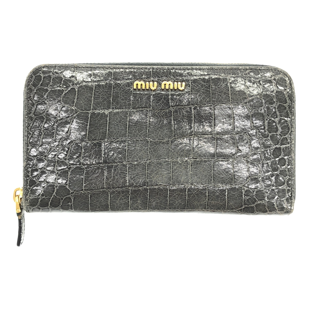 miu miu / 뮤 뮤 | 악어 밀기 라운드 지퍼 지갑 | 회색 | 여성