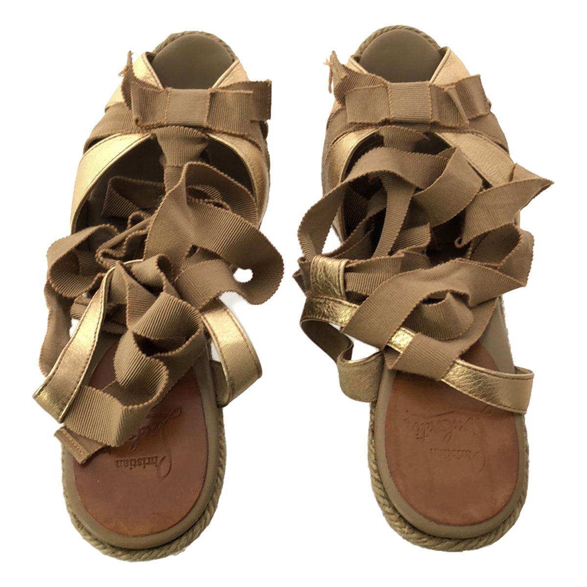 Christian Louboutin / クリスチャンルブタン | リボンストラップ エスパドリーユ ウェッジソール サンダル | 35 | ベージュ | レディース