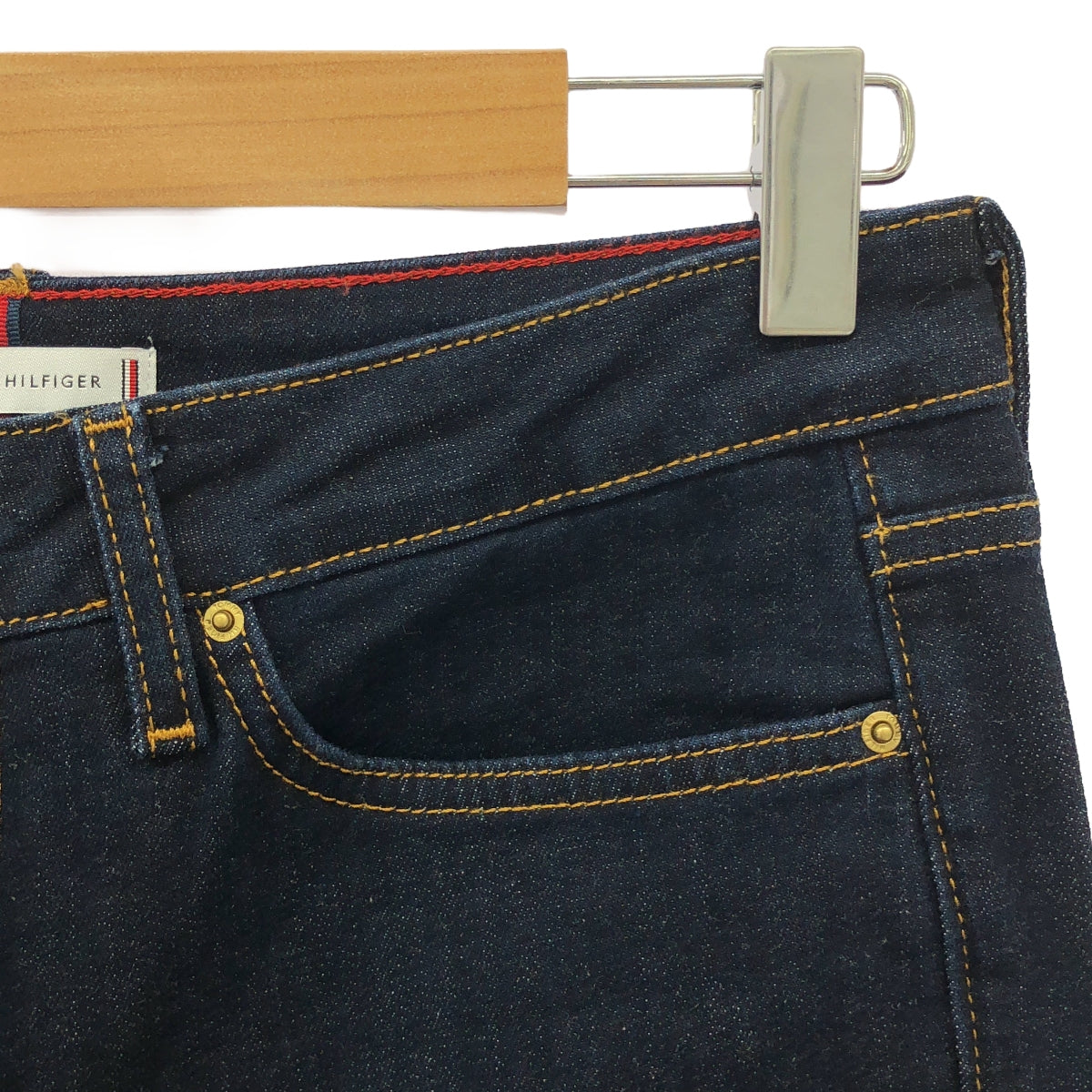 TOMMY HILFIGER | organic cotton / leather patch dark blue denim pants | size 27 | indigo | women's