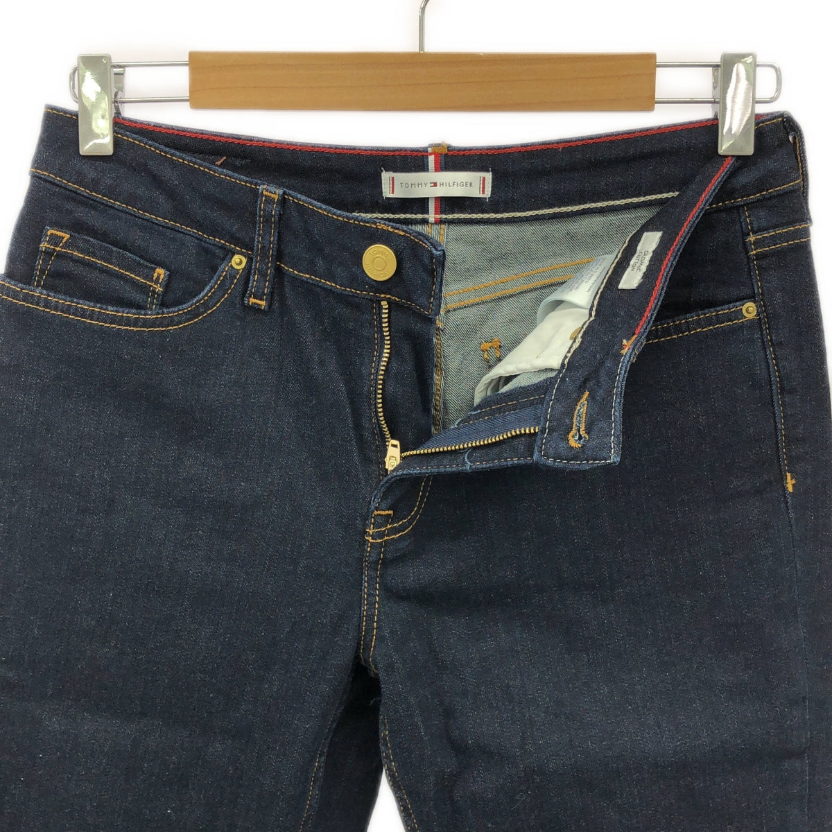 TOMMY HILFIGER | organic cotton / leather patch dark blue denim pants | size 27 | indigo | women's