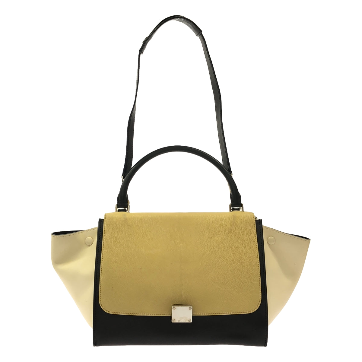 CELINE / セリーヌ | フィービー期 2way ショルダー付き レザー トラペーズ ハンド トートバッグ | イエロー/ブラック/オフホワイト | レディース