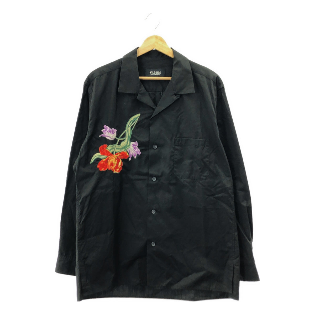 【미품】 WILDSIDE YOHJI YAMAMOTO / 와일드 사이드 요우지 야마모토 | 2024AW | Tulip Embroidery Open Collar Shirt 튤립 자수 오픈 컬러 코튼 셔츠 | 3 | 블랙 | 남성