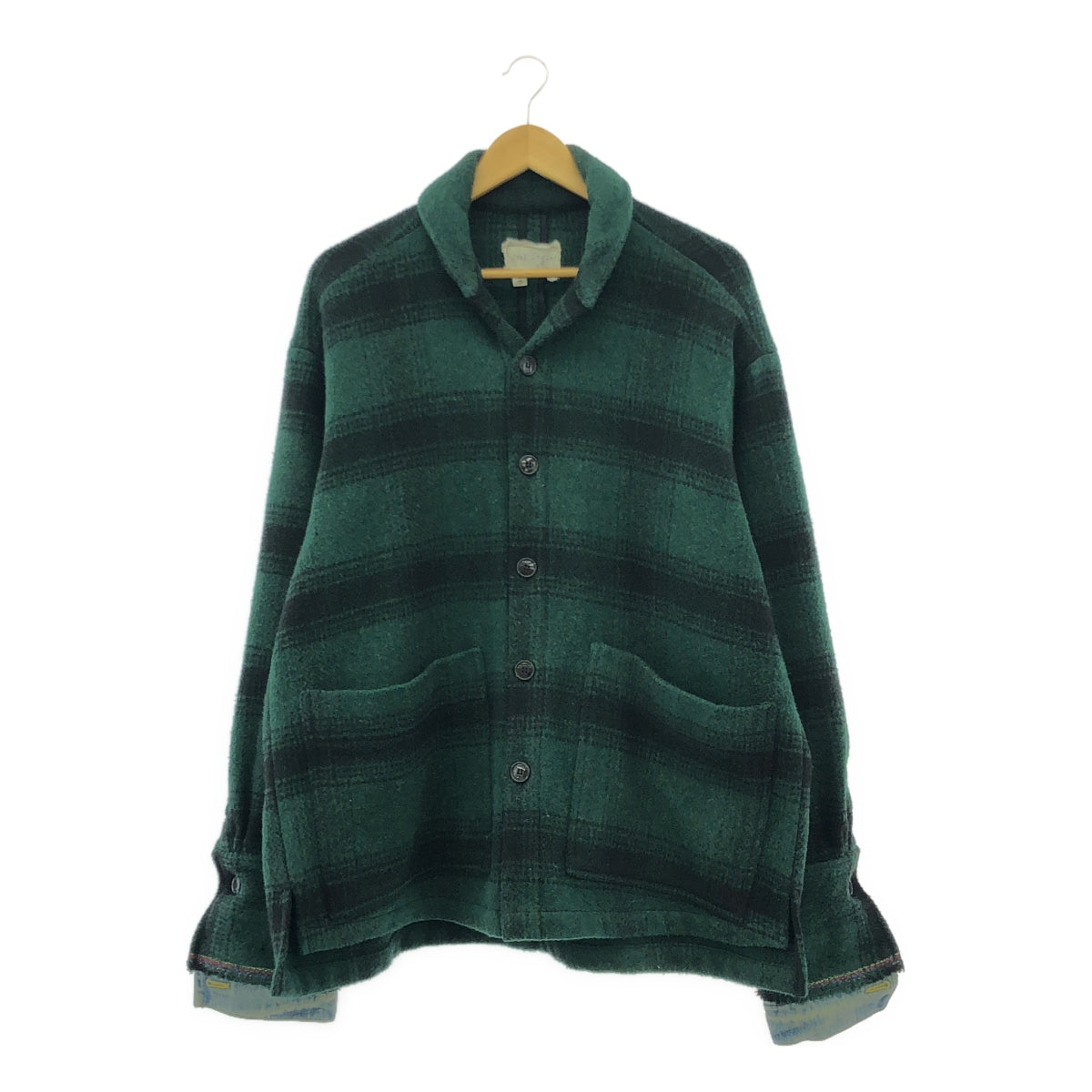 GREG LAUREN / グレッグローレン | GREEN PLAID SHAWL COLLAR BOXY / ウール デニム切替 オーバージャケット | 3 | グリーン/ブラック | メンズ