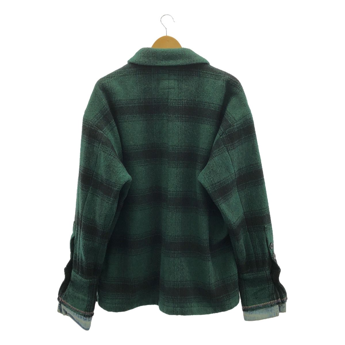 GREG LAUREN / グレッグローレン | GREEN PLAID SHAWL COLLAR BOXY / ウール デニム切替 オーバージャケット | 3 | グリーン/ブラック | メンズ