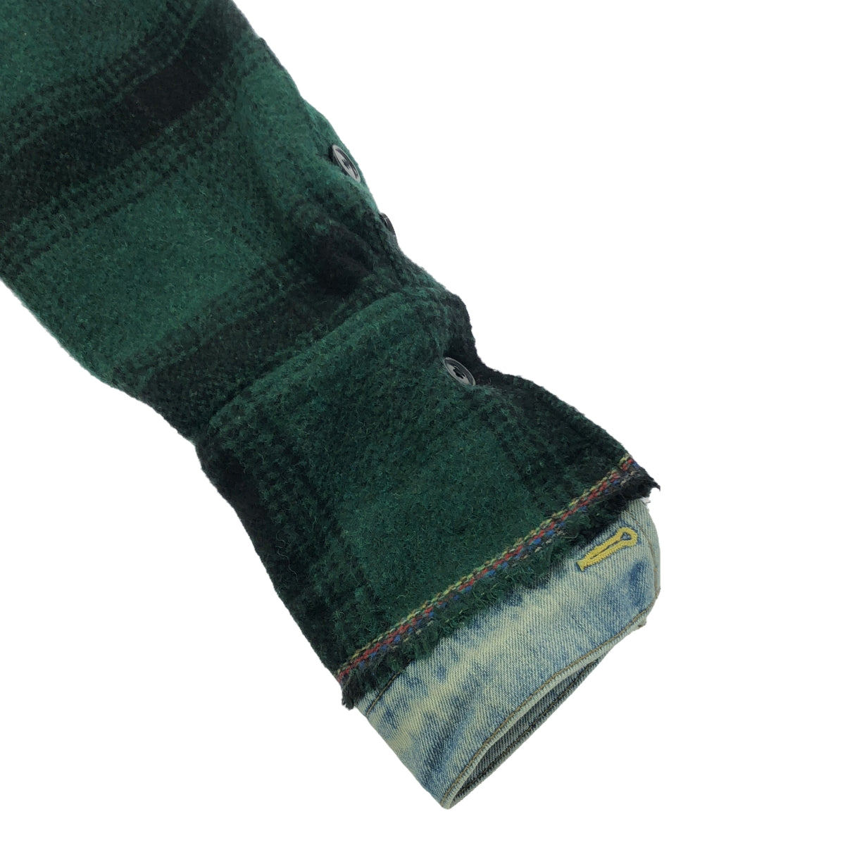 GREG LAUREN / グレッグローレン | GREEN PLAID SHAWL COLLAR BOXY / ウール デニム切替 オーバージャケット | 3 | グリーン/ブラック | メンズ