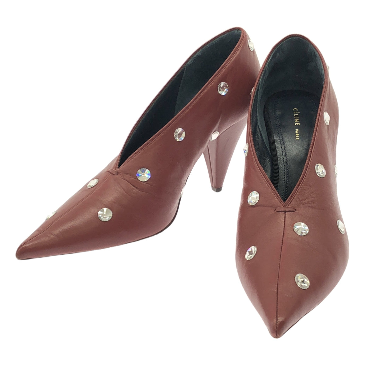 CELINE / セリーヌ | フィービー期 レザー ポインテッドトゥ ビジュー 装飾 ヒール パンプス | 36 | ボルドー | レディース