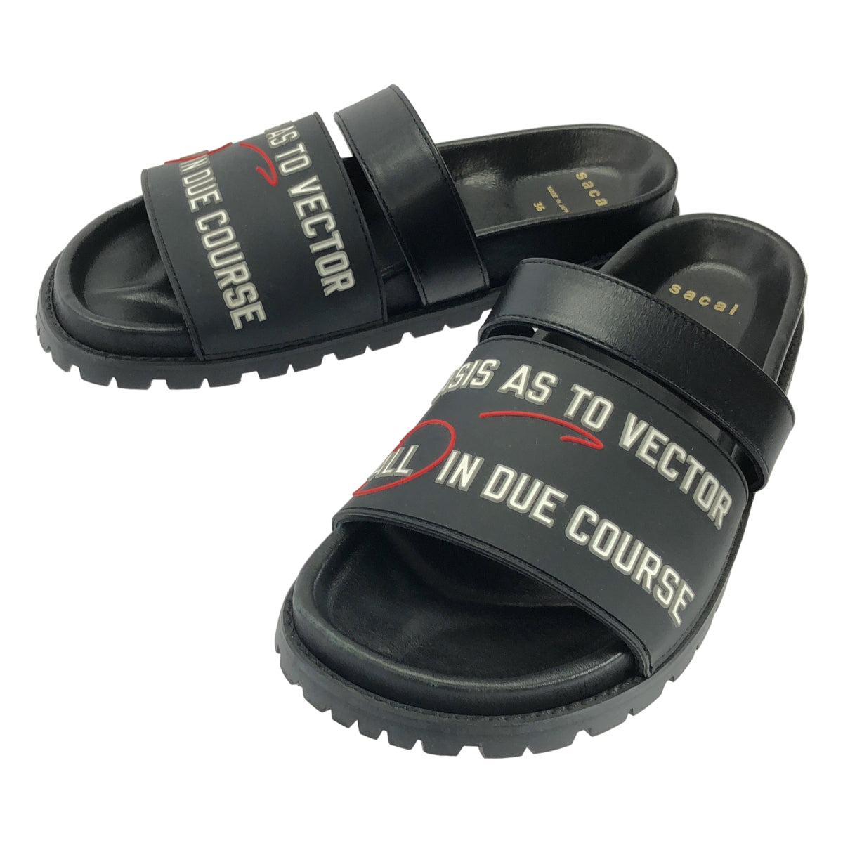【미품】 sacai / 사카이 | Logo Flat sandals Lawrence Weiner / 가죽 로고 비브람 구두창 샌들 | 36 | 블랙 | 여성