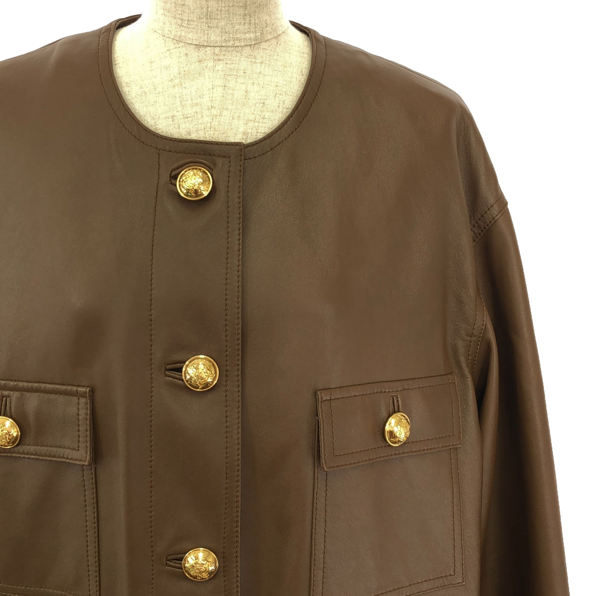 【美品】  CELINE / セリーヌ | Leather biker jacket  / 羊革 ラムレザー トリオンフ 金ボタン ノーカラー ジャケット / 柄総裏地 | 36 | ブラウン | レディース