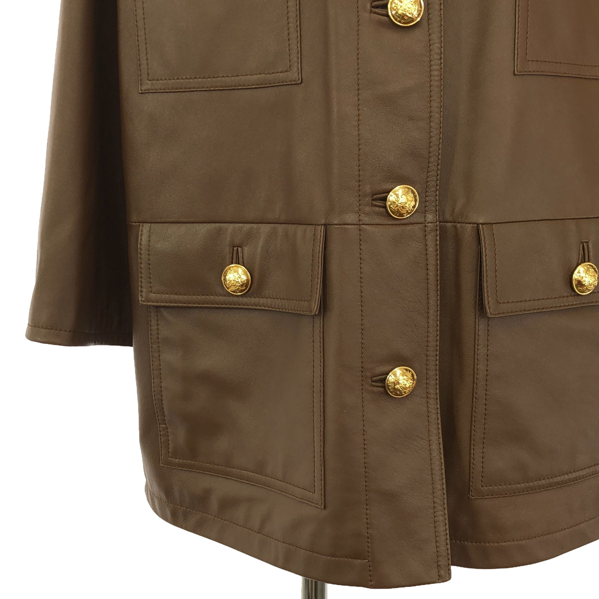 【美品】  CELINE / セリーヌ | Leather biker jacket  / 羊革 ラムレザー トリオンフ 金ボタン ノーカラー ジャケット / 柄総裏地 | 36 | ブラウン | レディース