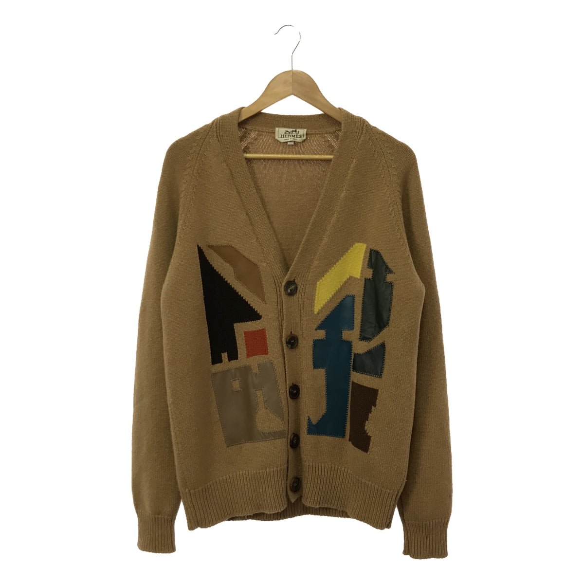 愛馬仕 | 2020秋冬 | 100% 羊絨皮革貼片針織開襟衫 | M |米色/棕色|男士