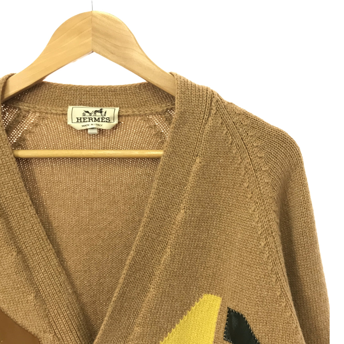 愛馬仕 | 2020秋冬 | 100% 羊絨皮革貼片針織開襟衫 | M |米色/棕色|男士