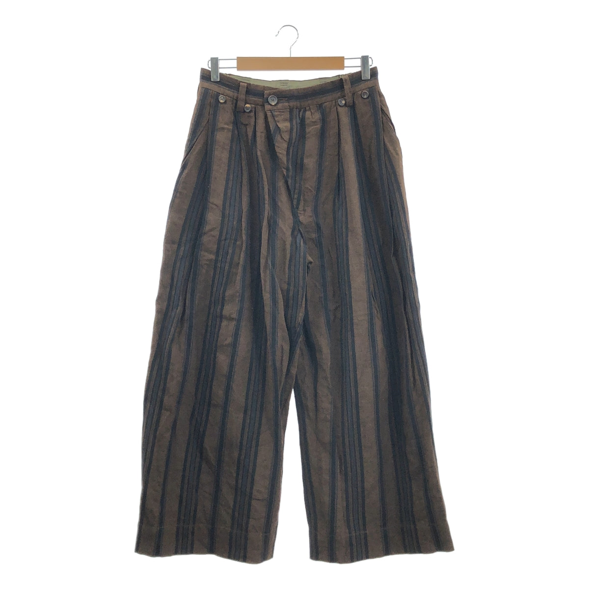 【美品】 ziggy chen / ジギーチェン | 2024SS | STRIPED WIDE LEG TROUSERS ストライプ ワイド リネンコットン パンツ | 44 | ブラウン | メンズ