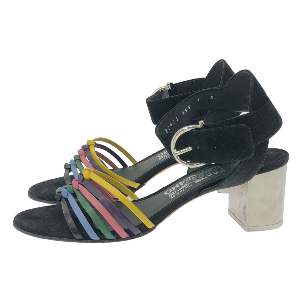 Salvatore Ferragamo | Multicolored Strap Silver Heel Sandals | 7 D | Women's