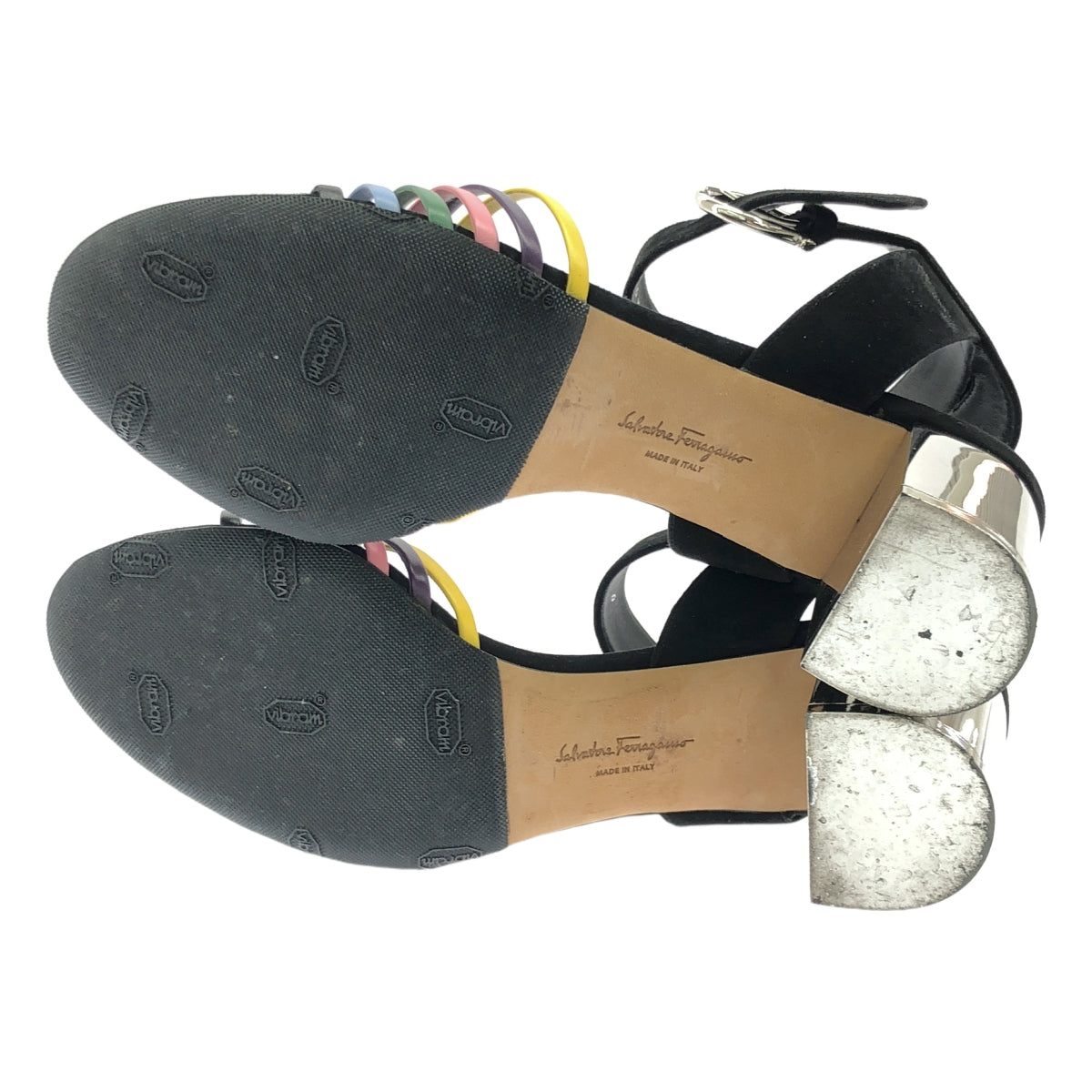 Salvatore Ferragamo | Multicolored Strap Silver Heel Sandals | 7 D | Women's