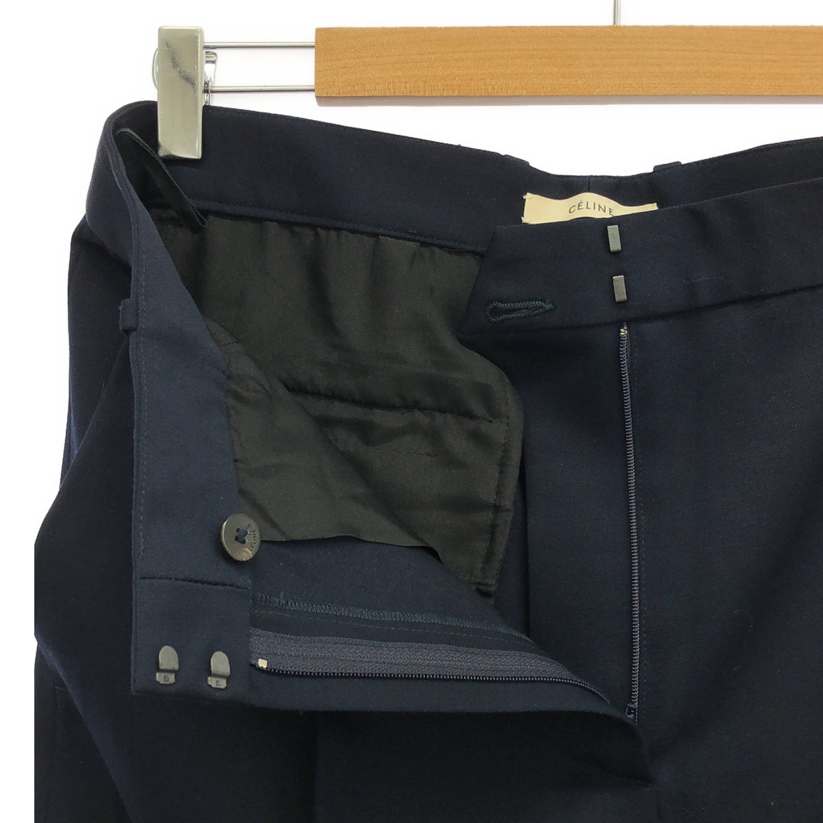 【美品】  CELINE / セリーヌ | フィービー期 シルク カシミヤブレンド ウール タック スラックスパンツ | 38 | ネイビー | レディース