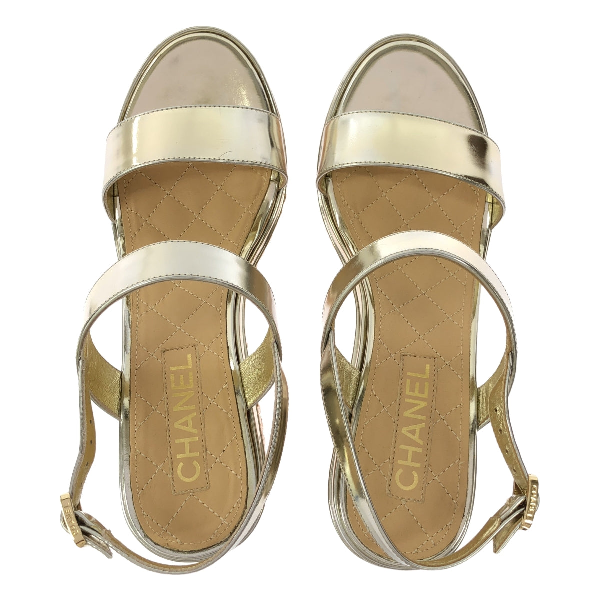 CHANEL | Coco Mark Patent Leather Wedge Sandals | 38 1/2 | Women's