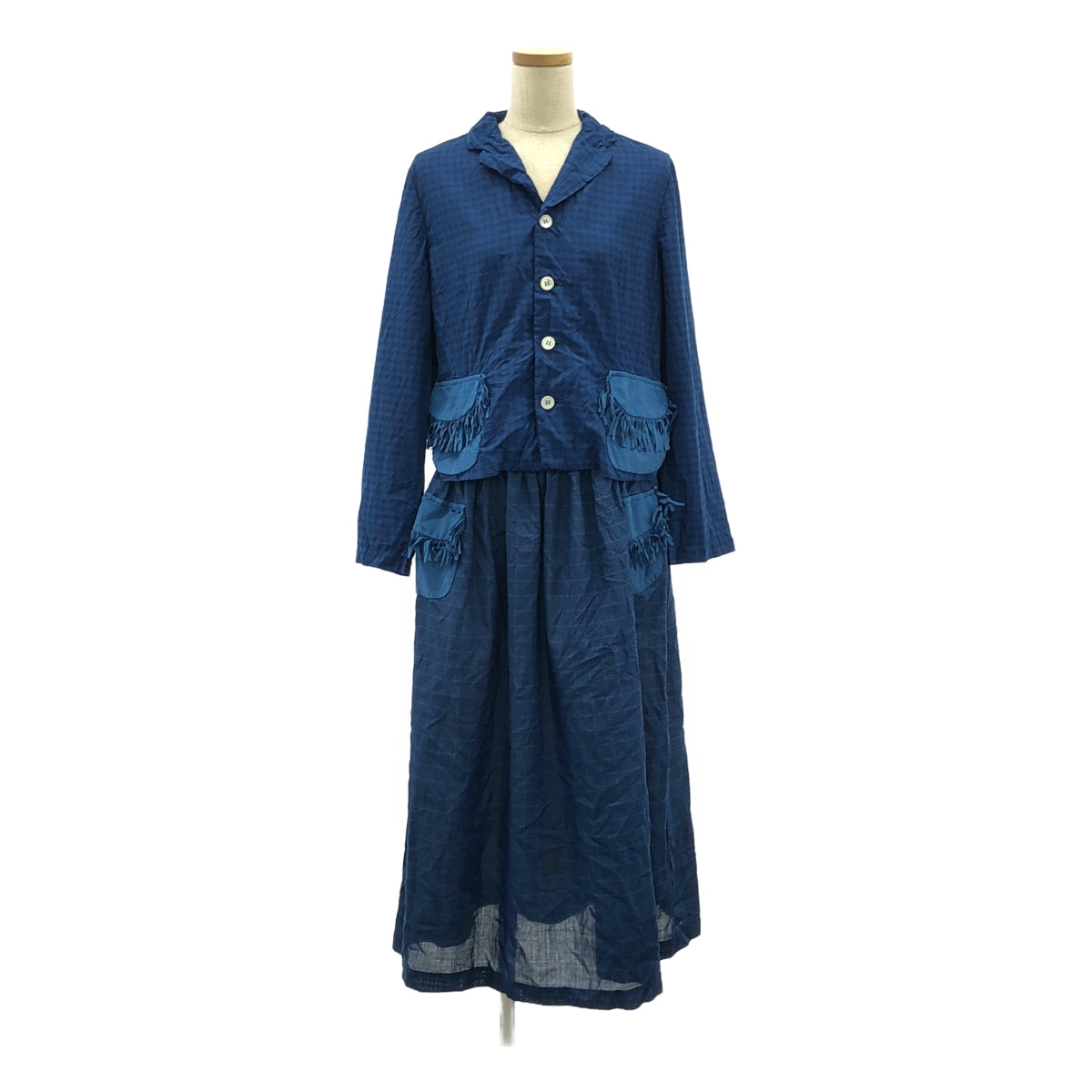robe de chambre COMME des GARCONS / ローブドシャンブルコムデギャルソン | 90s~ / AD1999 | セットアップ ポリエステル 製品染め 総柄 フリンジポケット ジャケット / ウエストゴム スカート | ブルー | レディース