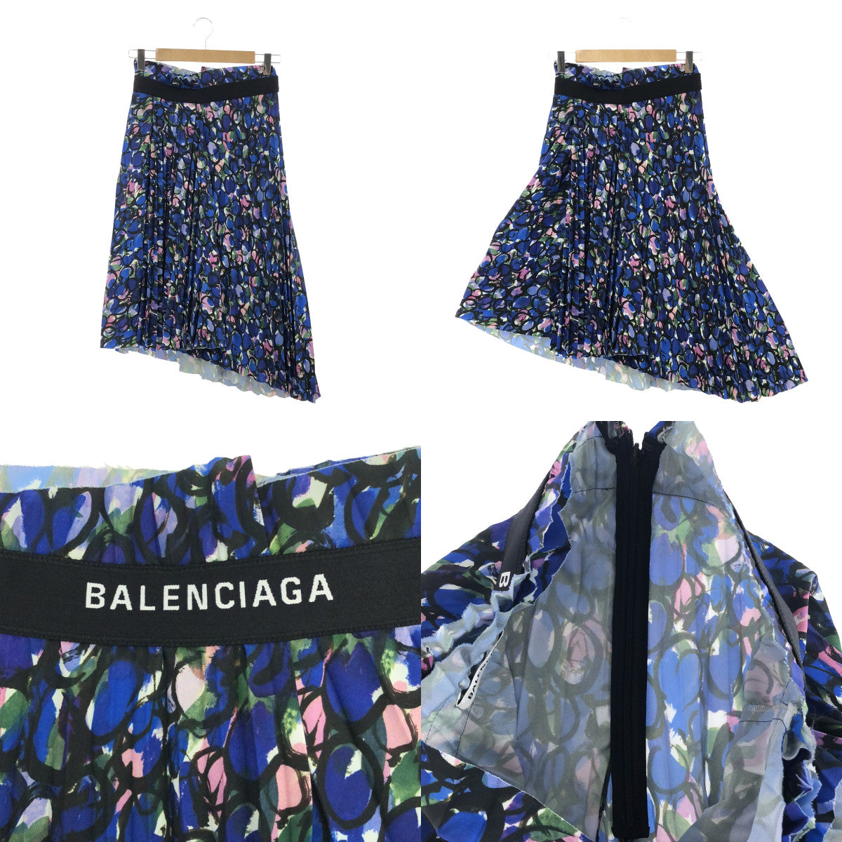 【미품】 BALENCIAGA / 발렌시아가 | 총 무늬 백 로고 비대칭 사이드 지퍼 주름 치마 | 36 | 블루 | 여성