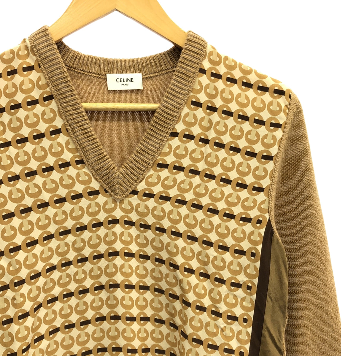 【美品】  CELINE / セリーヌ | 2020SS | シルク切替 Vネック カシミヤニット | XS | キャメル / マルチカラー | レディース