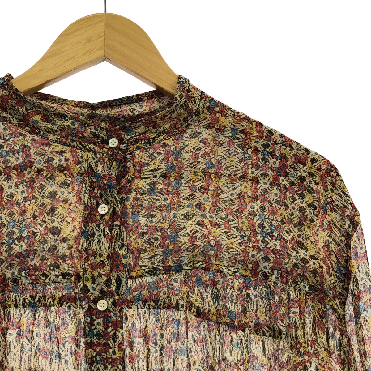 ISABEL MARANT ETOILE / イザベルマランエトワール | バンドカラー ハーフボタン シアー ブラウス | 38 | レッド/ベージュ/ブルー | レディース