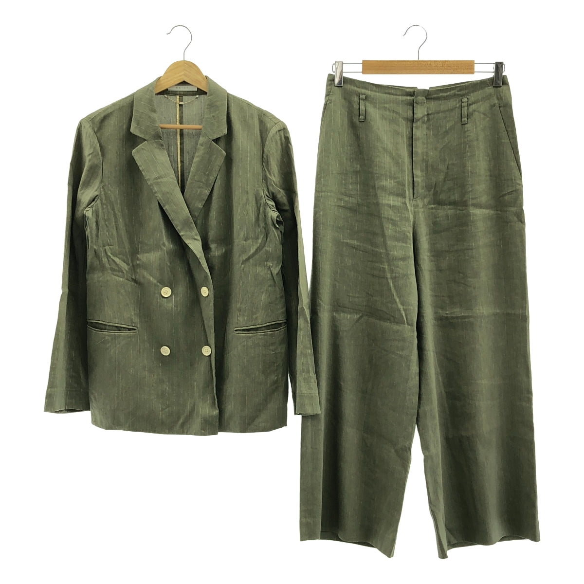 BEIGE, / ベイジ | セットアップ リネン ストライプ ジャケット スラックス | 4 | カーキ | レディース