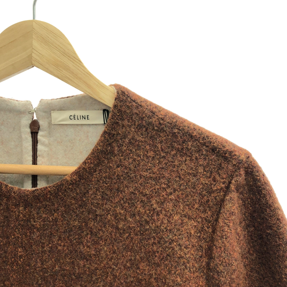 【美品】  CELINE / セリーヌ | 2015AW | フィービー期 ウール カシミヤ 切替 レザーパッチ ワンピース | 38 | ブラウン | レディース