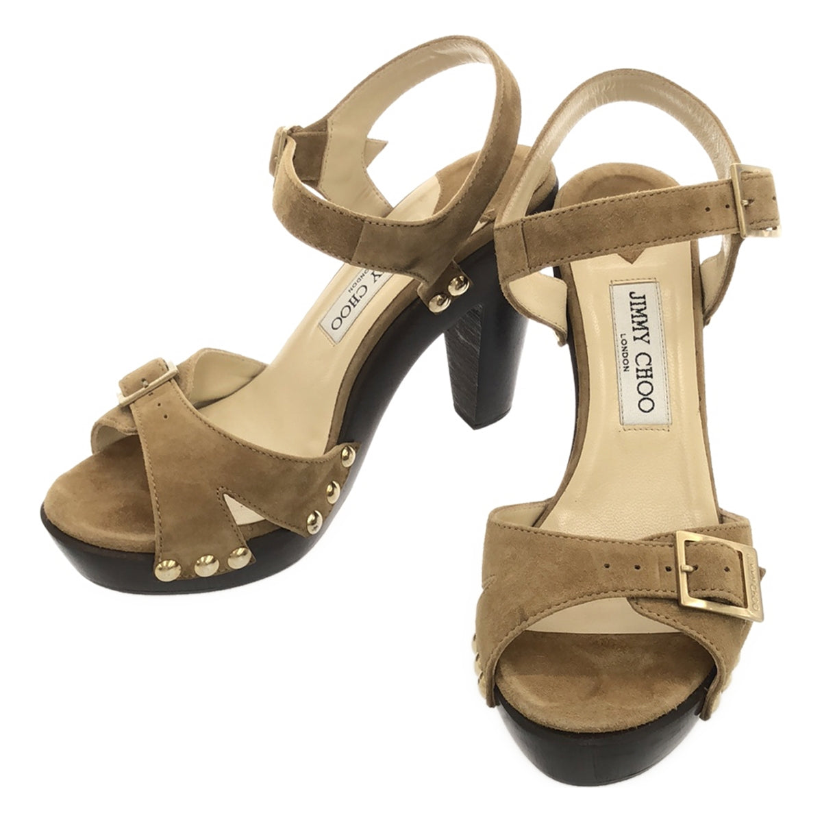 JIMMY CHOO / ジミーチュウ | スエードレザー スタッズ ストラップ ヒールサンダル | 38 1/2 | ベージュ | レディ – KLD